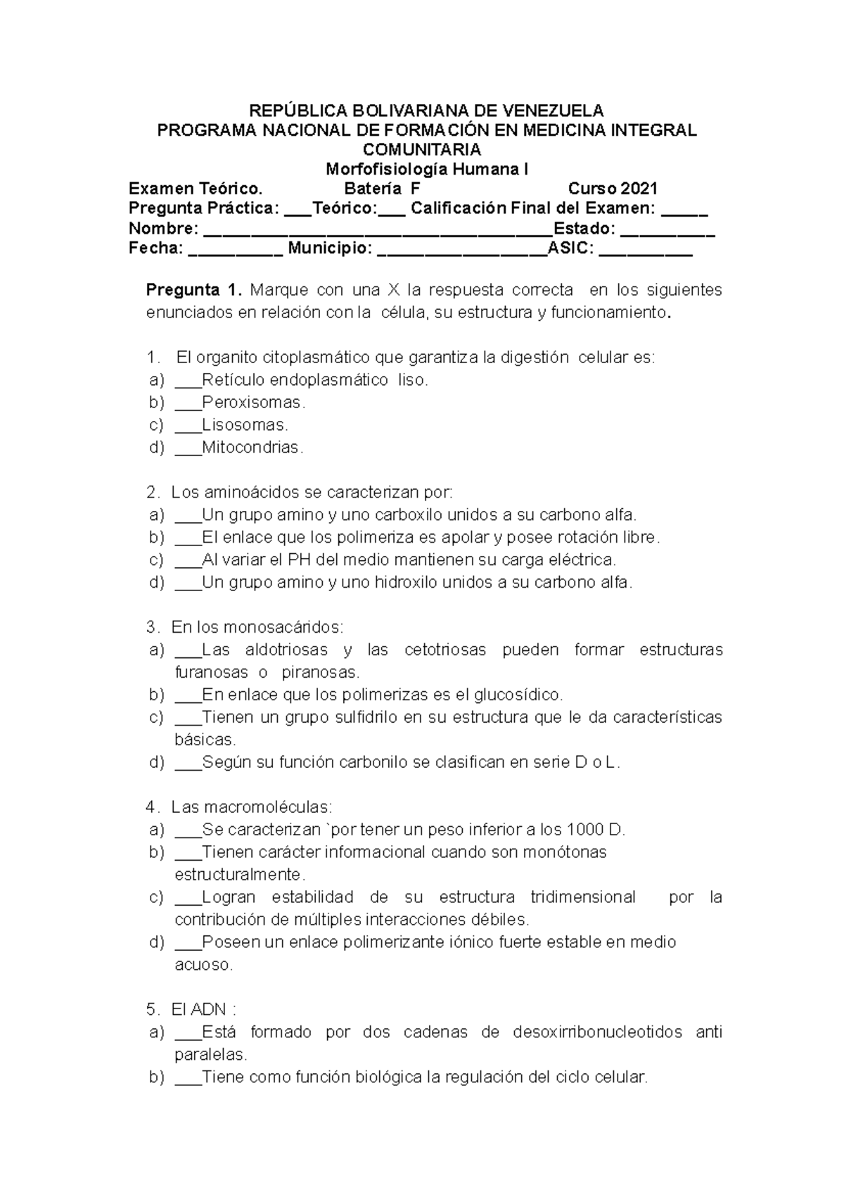 Examen de MFHI - REPÚBLICA BOLIVARIANA DE VENEZUELA PROGRAMA NACIONAL ...