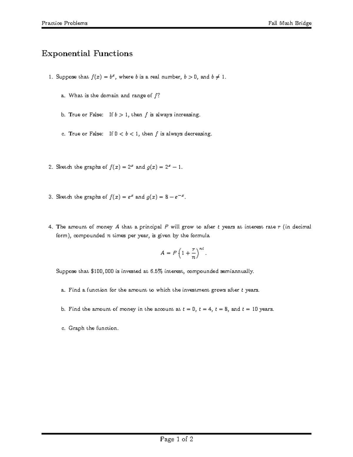 Exponential Functions - Practice Problems Fall Math Bridge Exponential ...