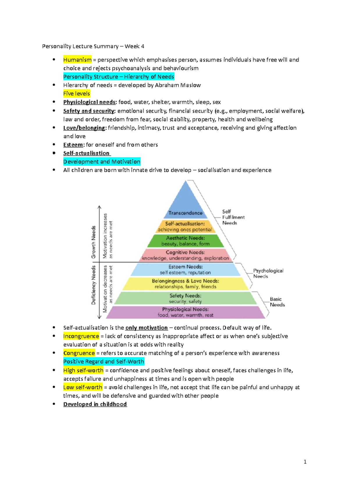 Personality Lecture Summary – Week 4 - Personality Lecture Summary ...