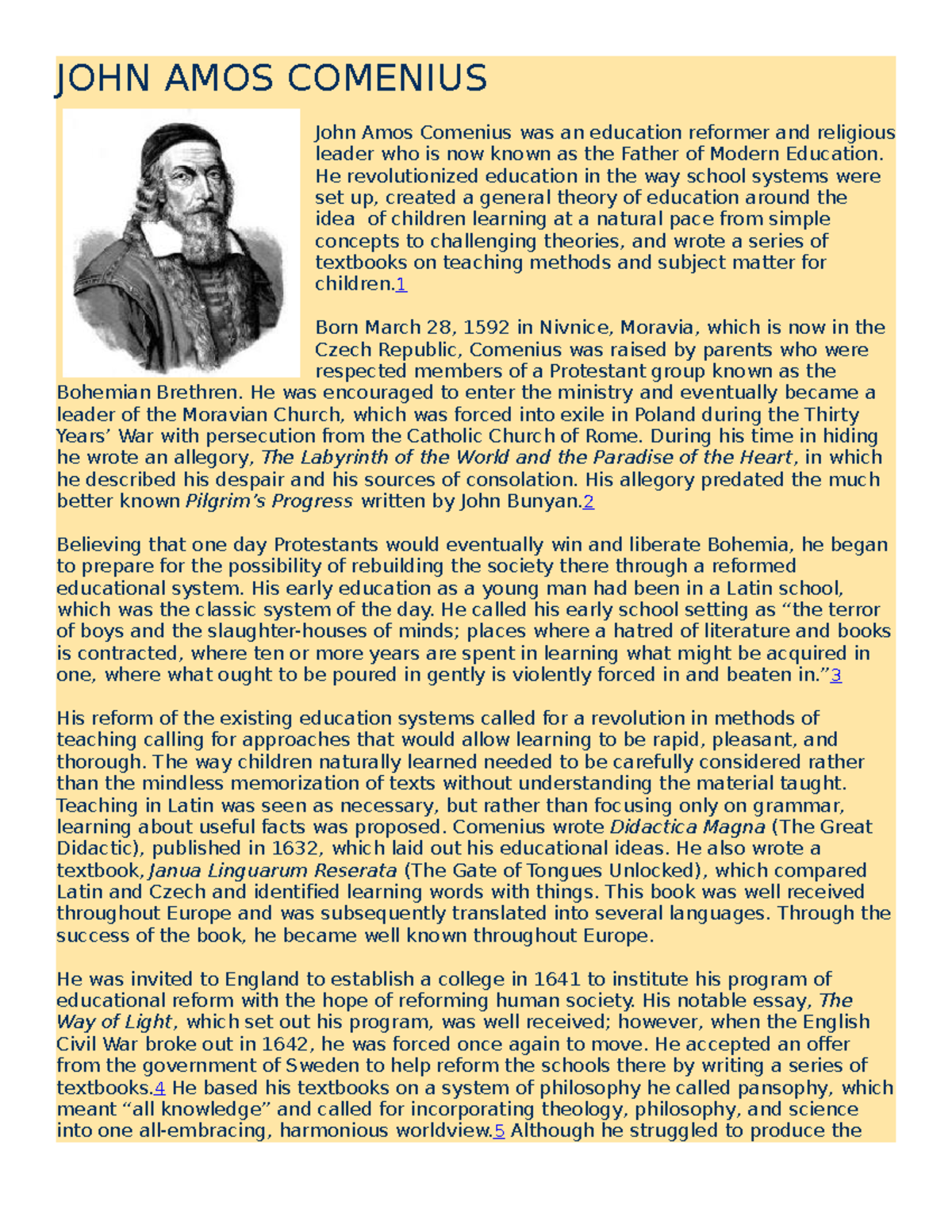 Comeniusresearch John Amos Comenius, Life and Philosophy JOHN AMOS