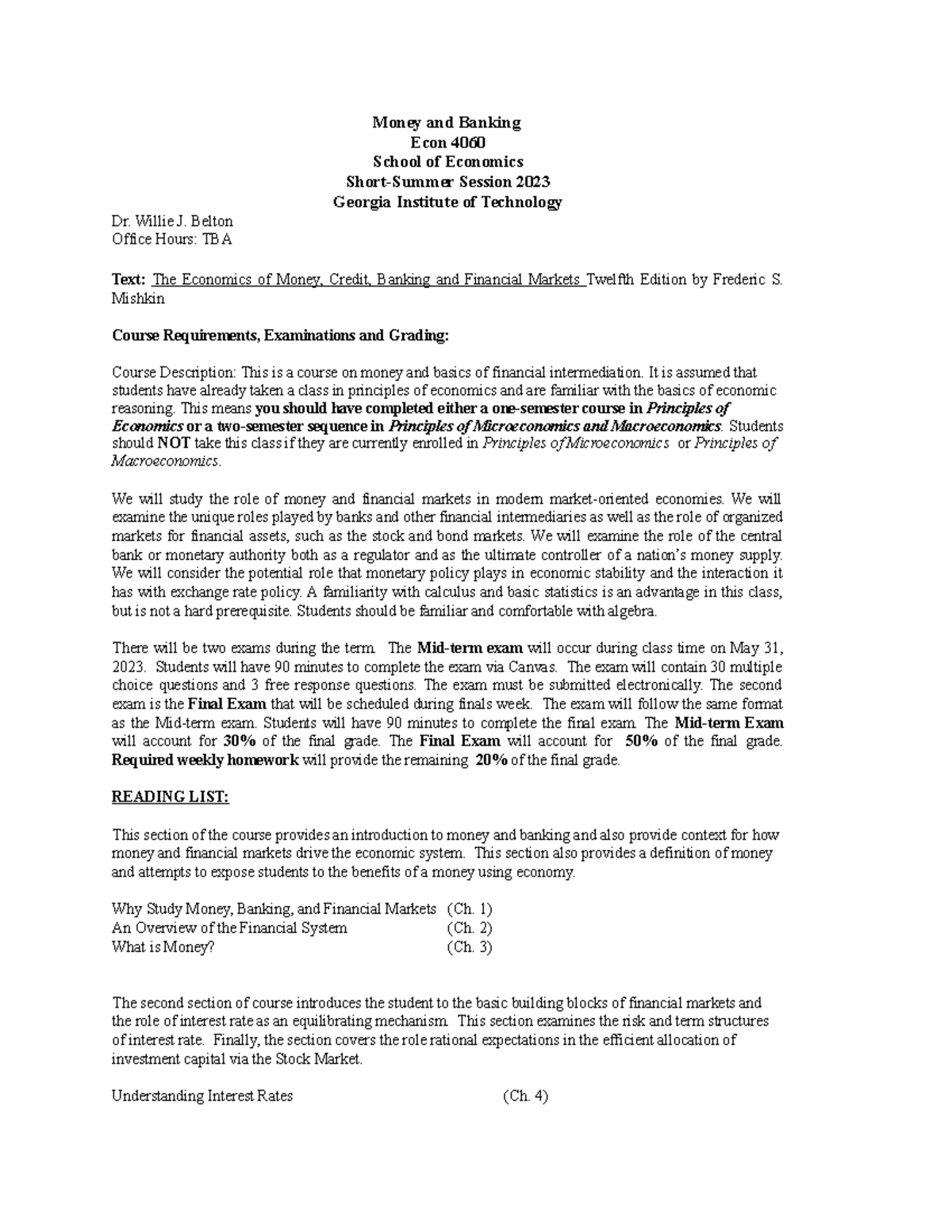 Econ 4060 Summer 2023 Syllabus Money and Banking Econ 4060 School