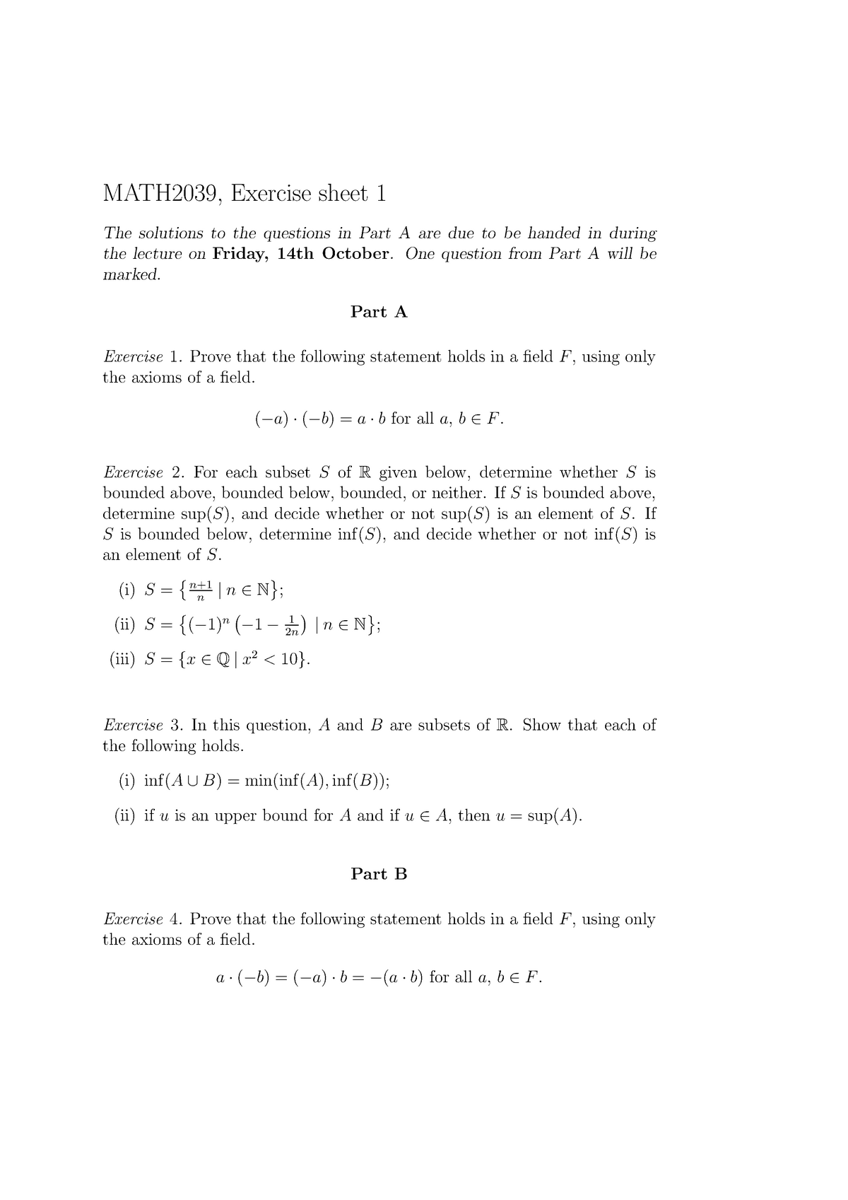 Ex1 Analysis Tutorial Sheet 1 Studocu