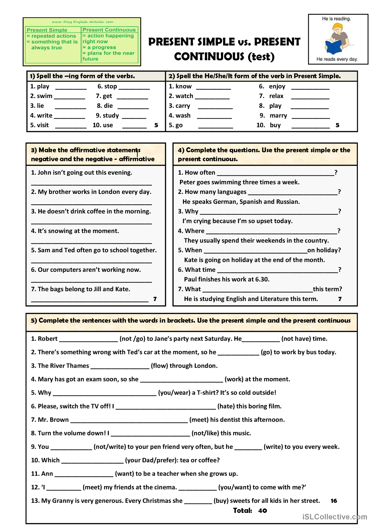 Present Simple And Present Continuous Exercises Pdf Esl Library