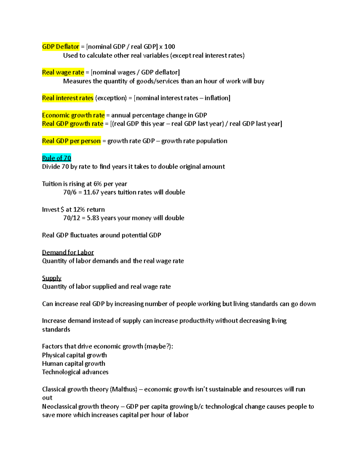 Lecture 8 Notes - GDP Deflator = [nominal GDP / real GDP] x 100 Used to ...