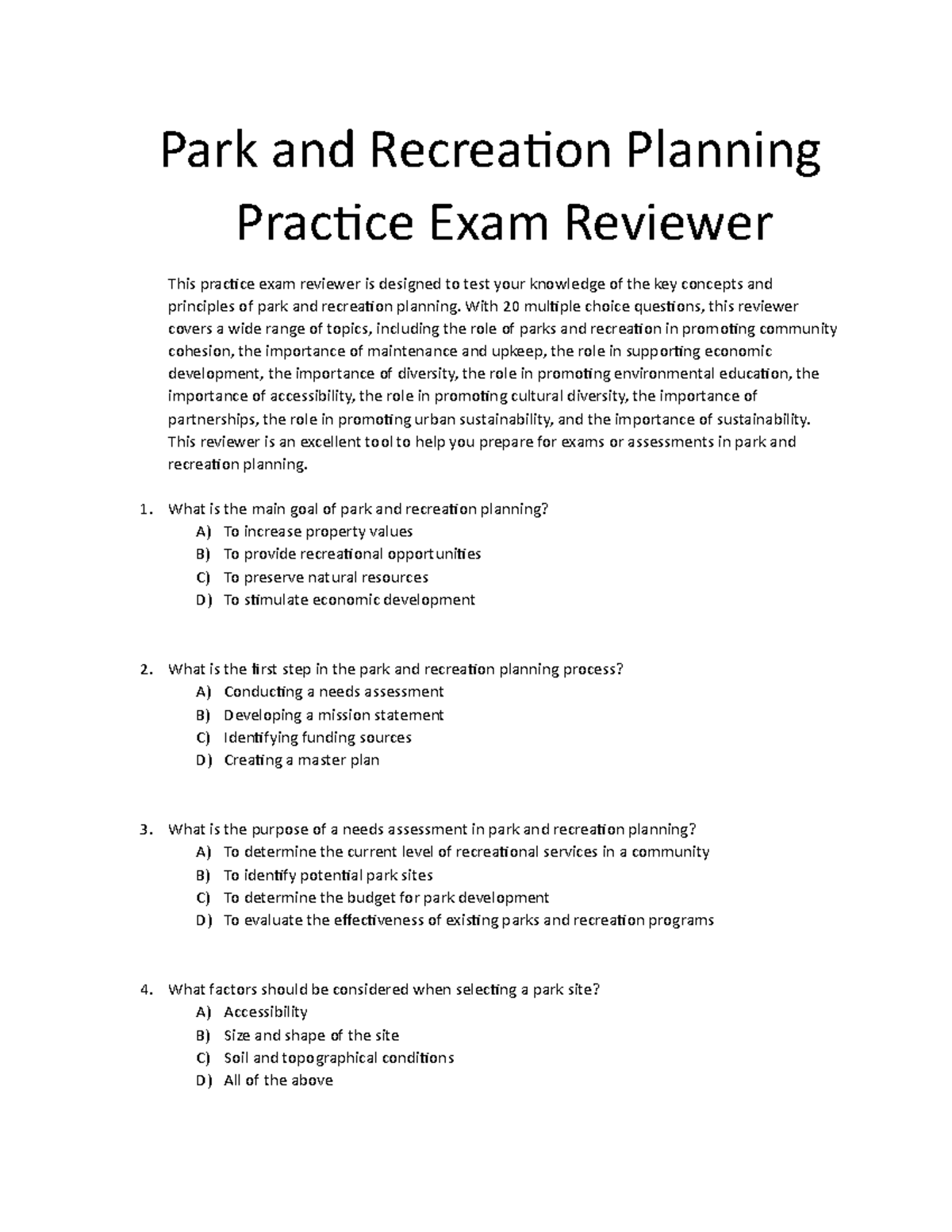 Park and Recreation Planning Practice Exam Reviewer - Park and ...