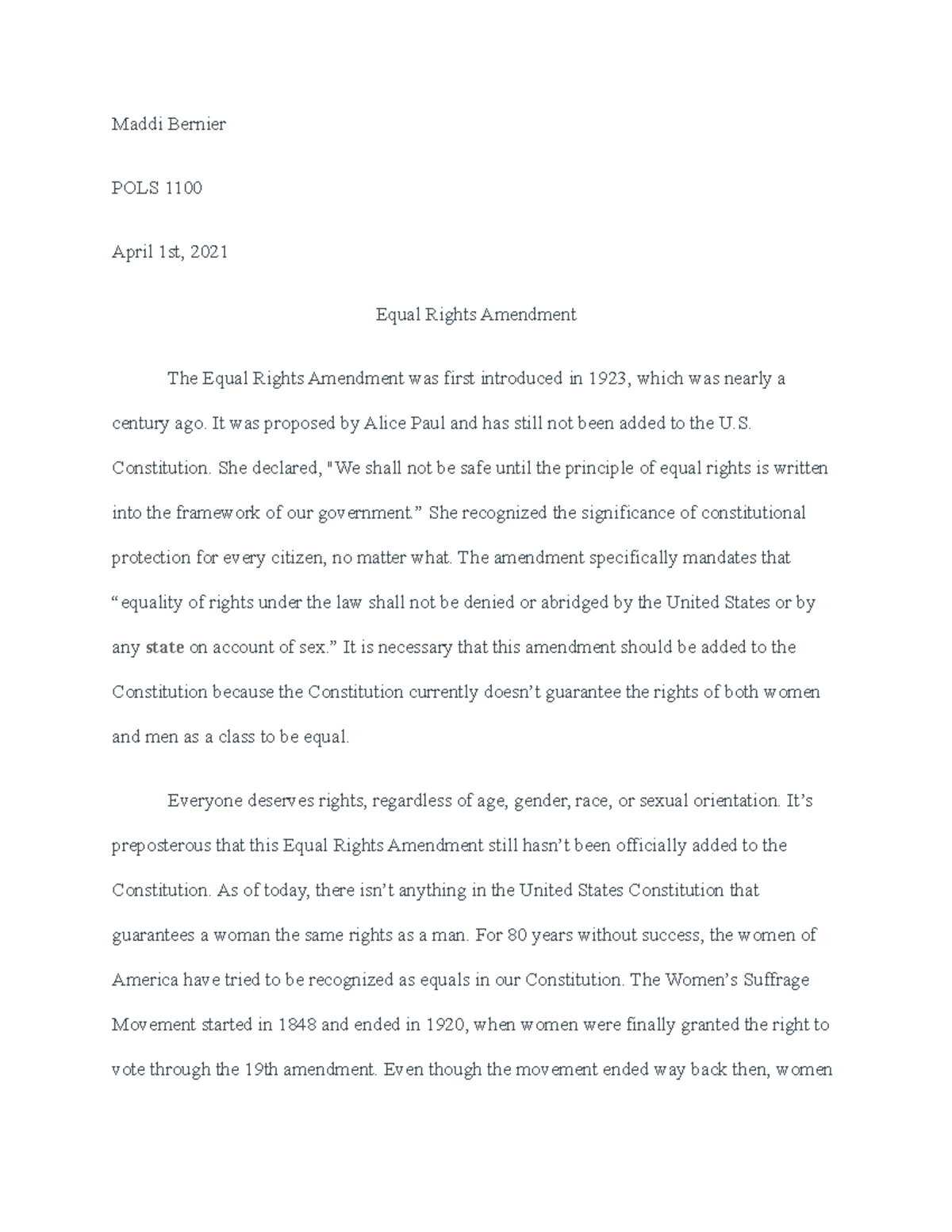 Political Science Paper - Equal Rights Amendment - Maddi Bernier POLS ...