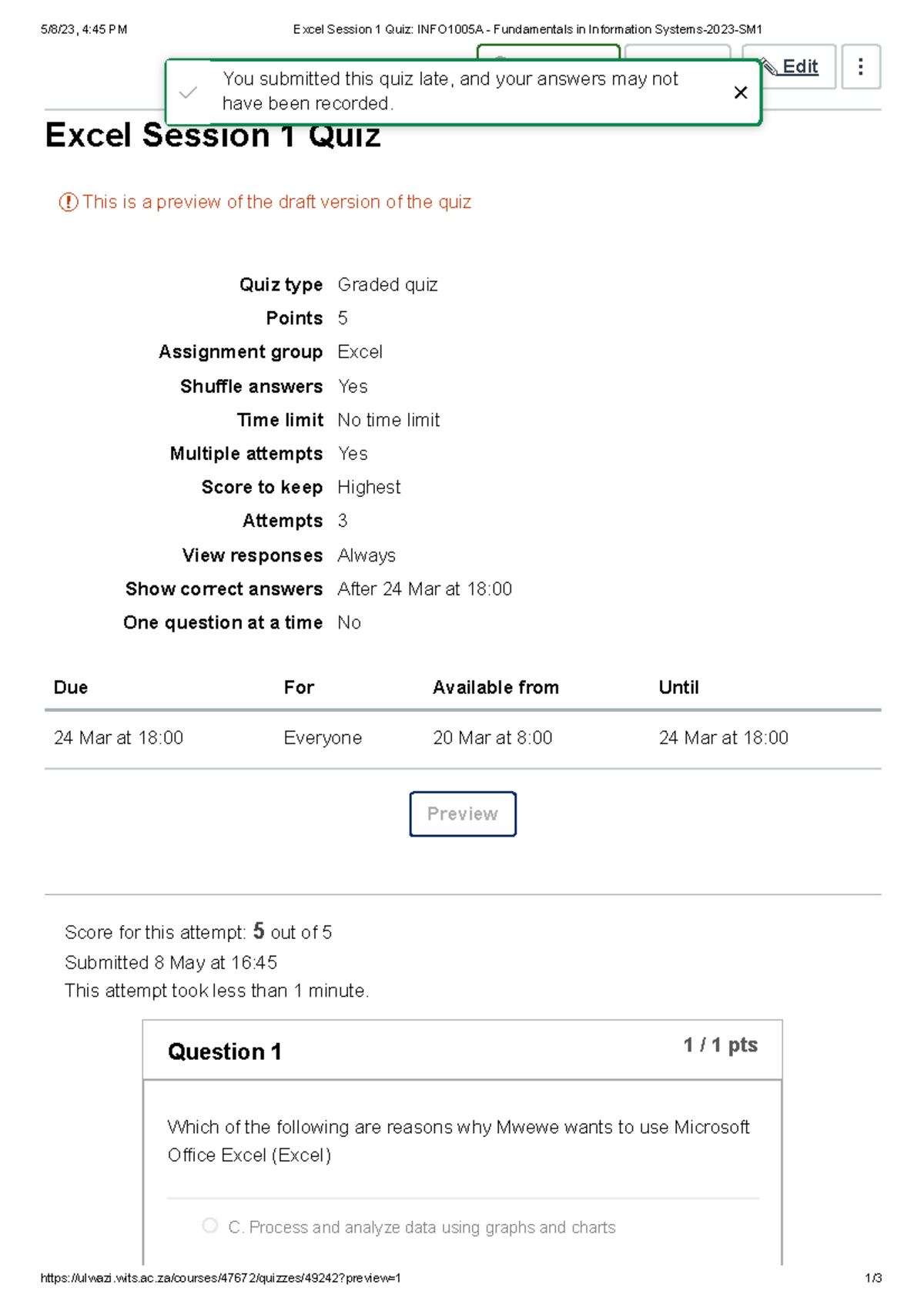 Excel Session 1 Answers - 5/8/23, 4:45 PM Excel Session 1 Quiz ...