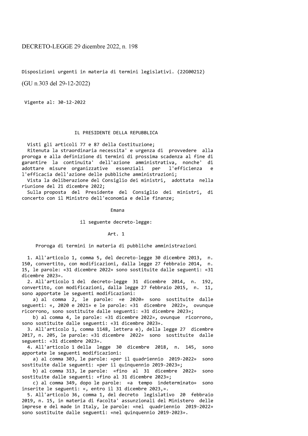 Decreto legge del 29122022 198 DECRETOLEGGE 29 dicembre 2022, n. 198