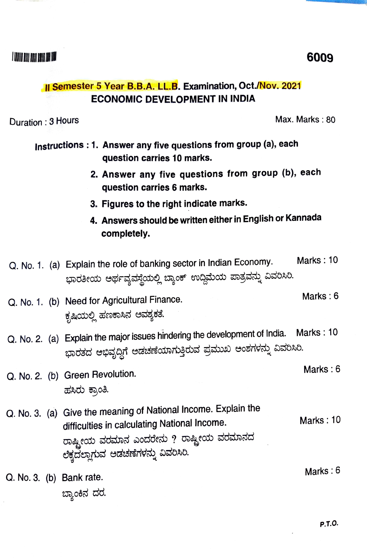 Economic Development Pyq Semester Year B B Ll Examination Oct