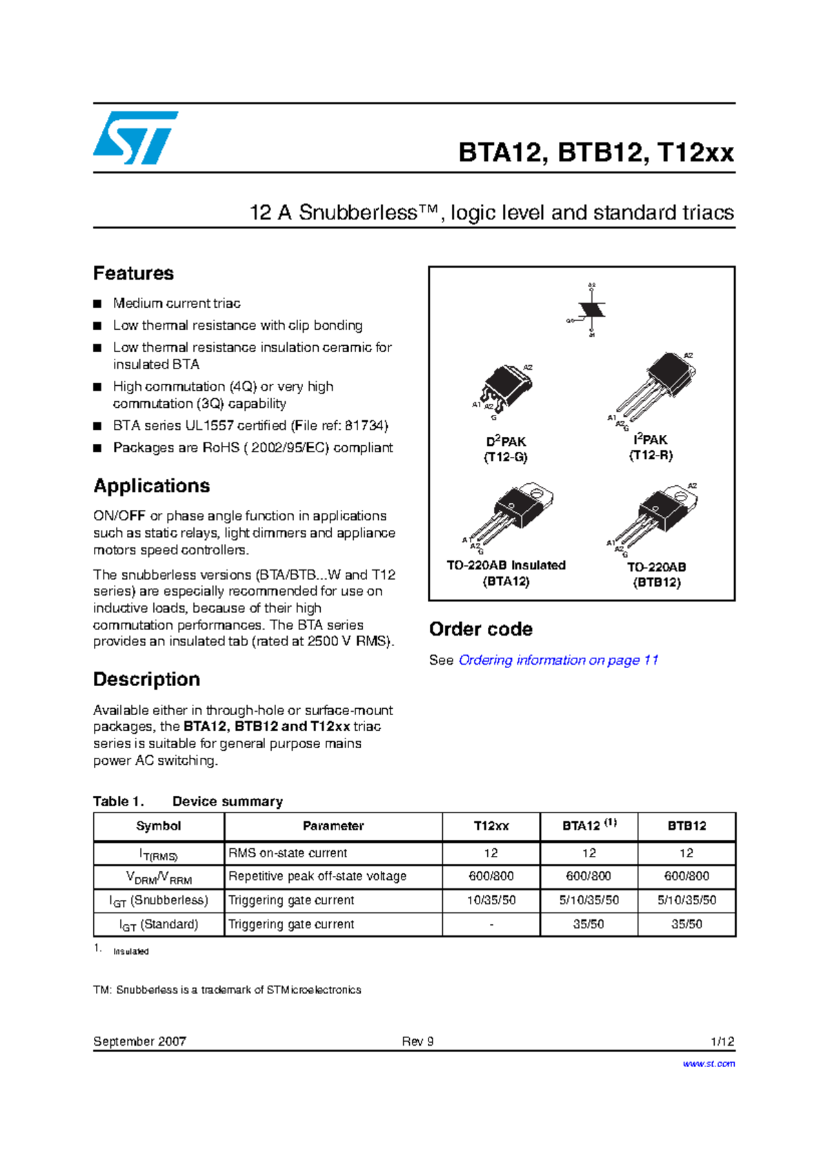 Stmicroelectronics cd00002267-1204934 - September 2007 Rev 9 1/ 12 ...
