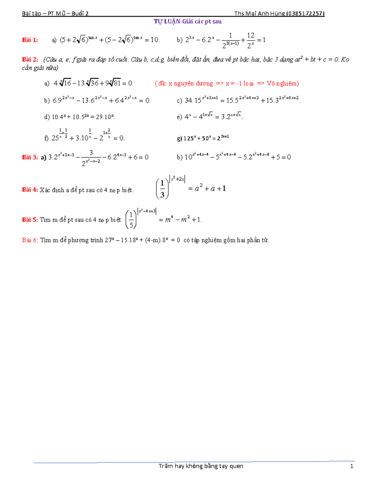 Bài Tập PT Mũ - B2 - Lecture Notes 1 - Bài Tập – PT Mũ – Buổi 2 Ths Mai ...