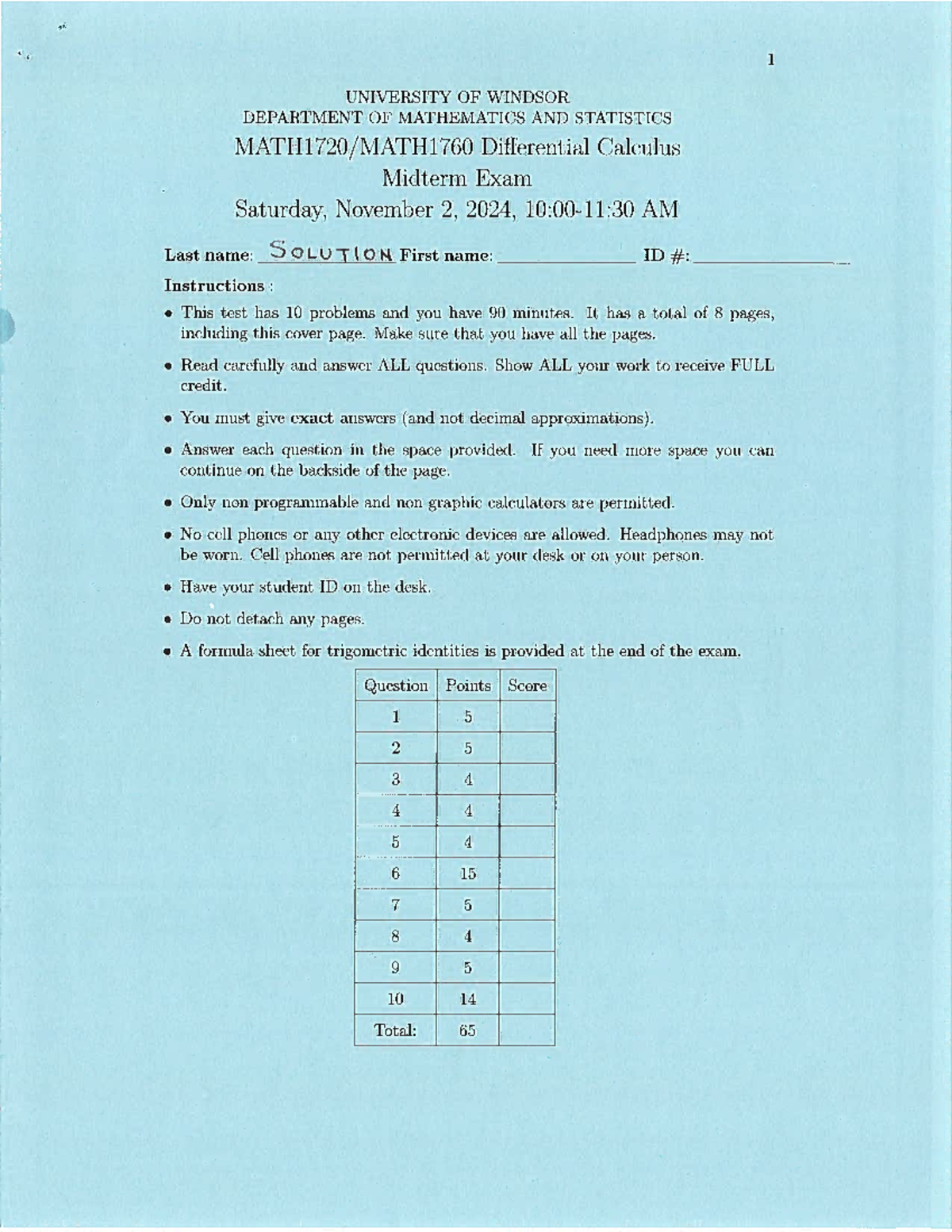 Solution Of Midterm - 7 UNIVERSITY OF WINDSOR DEPARTMENT OF MATHEMATICS ...