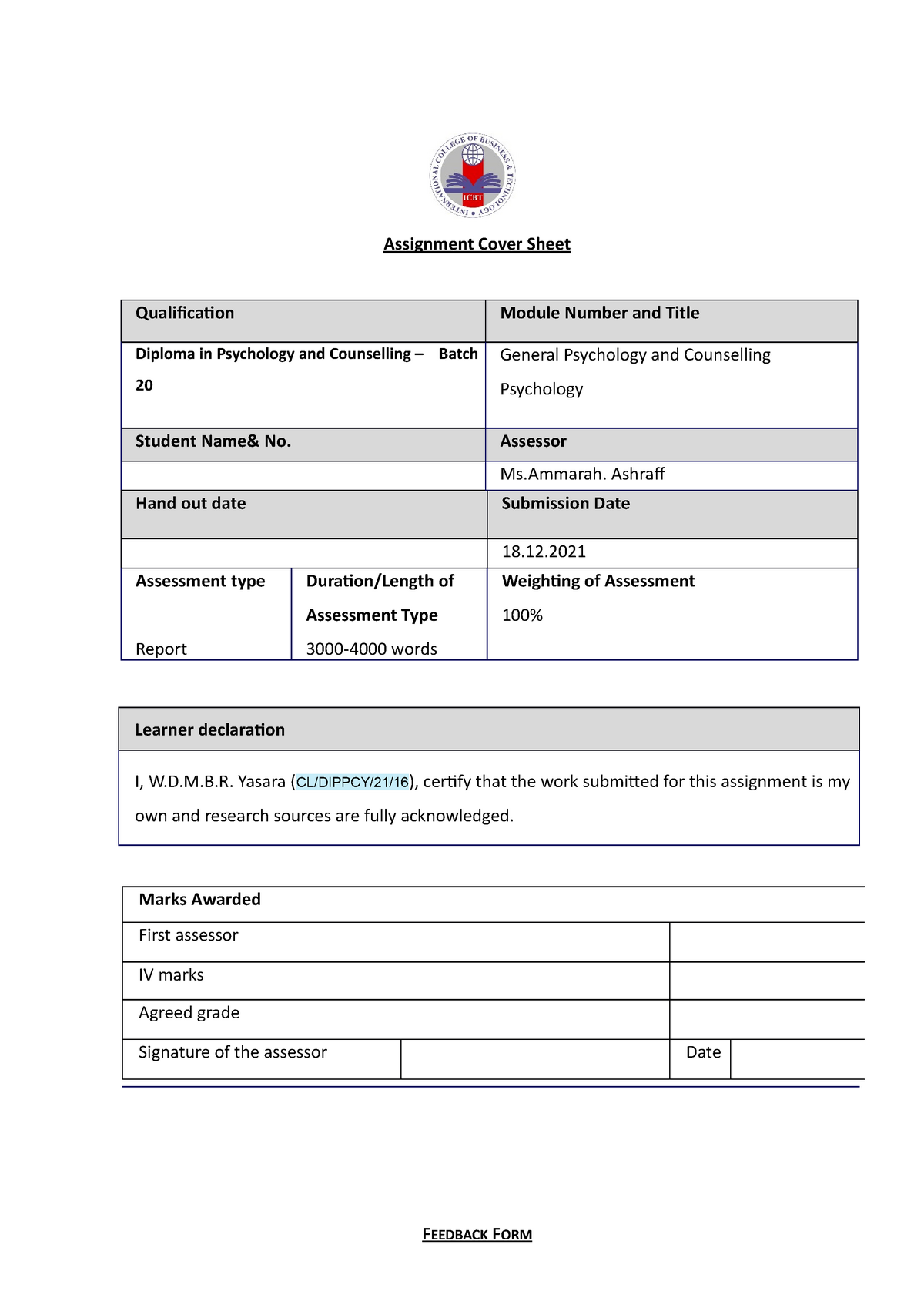 Counselling-psychology-assignment - Assignment Cover Sheet ...