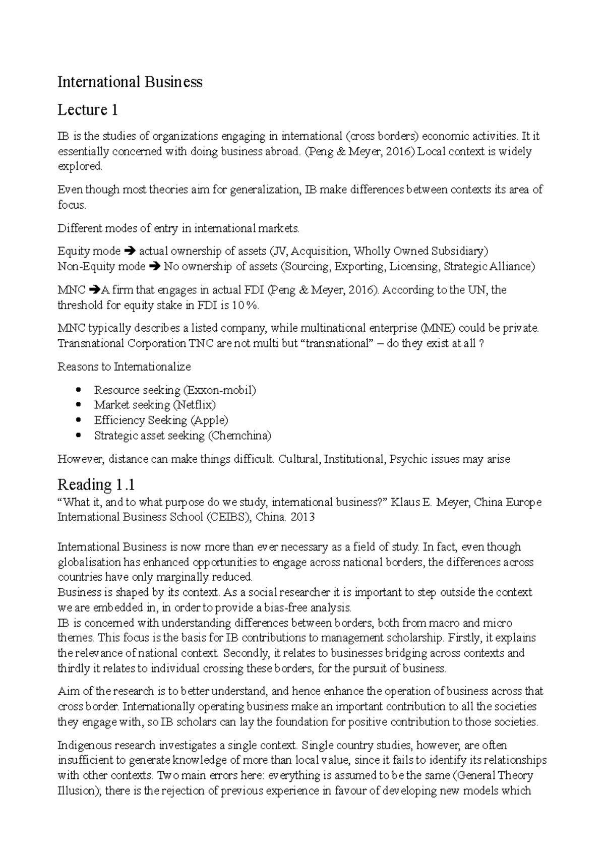 International Business Notes - International Business Lecture 1 IB is ...
