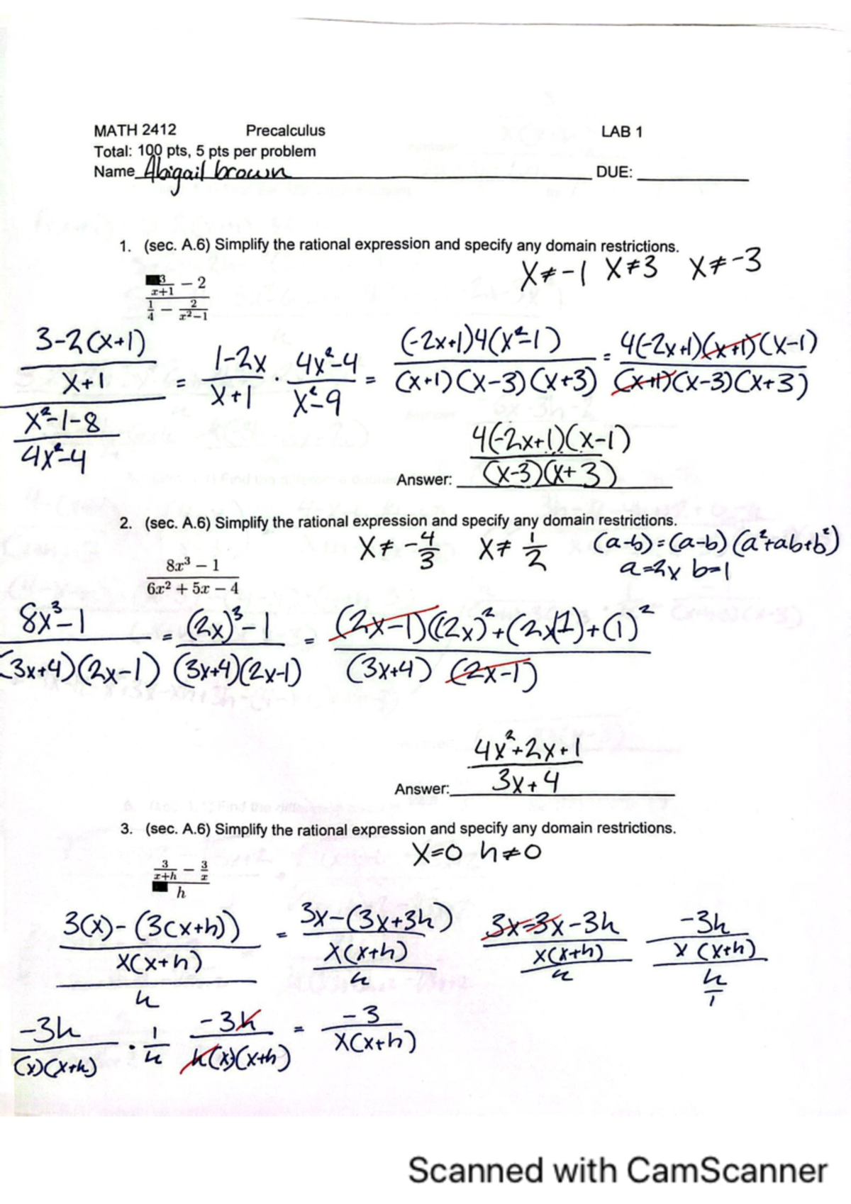 MATH2412_Precalculus_LAB 2 - MATH 2412 - Studocu