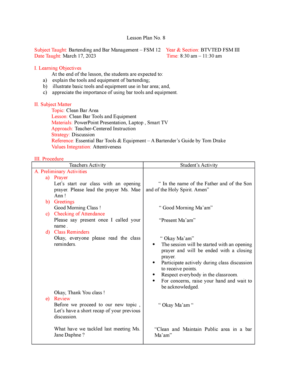 Lesson Plan No 8 Clean Bar Tools And Equipments - Lesson Plan No. 8 