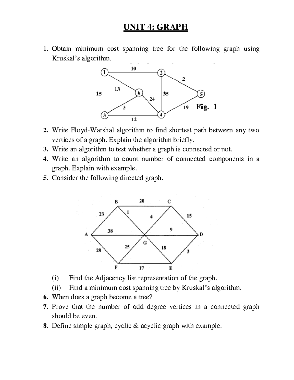 Data Structures Questions UNIT IV - UNIT 4: GRAPH Obtain minimum cost ...