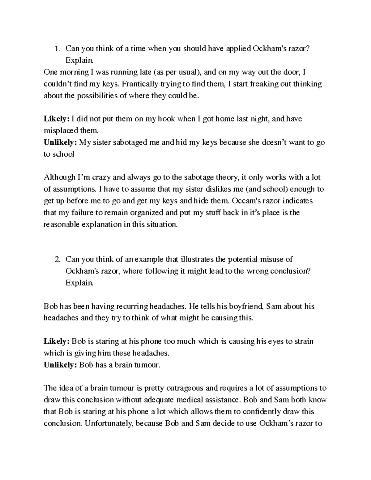 Applying Occam's Razor - Google Docs - Can you think of a time when you ...