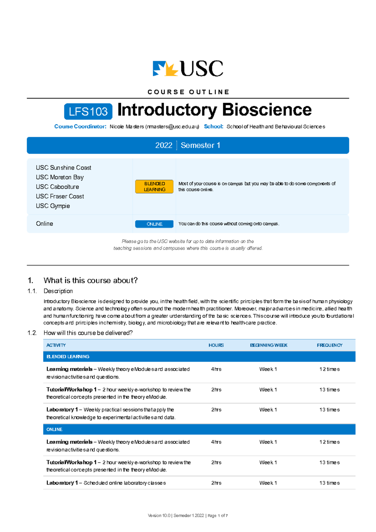 LFS103 Course Outline Semester 1 2022 - C O U R S E O U T L I N E ...