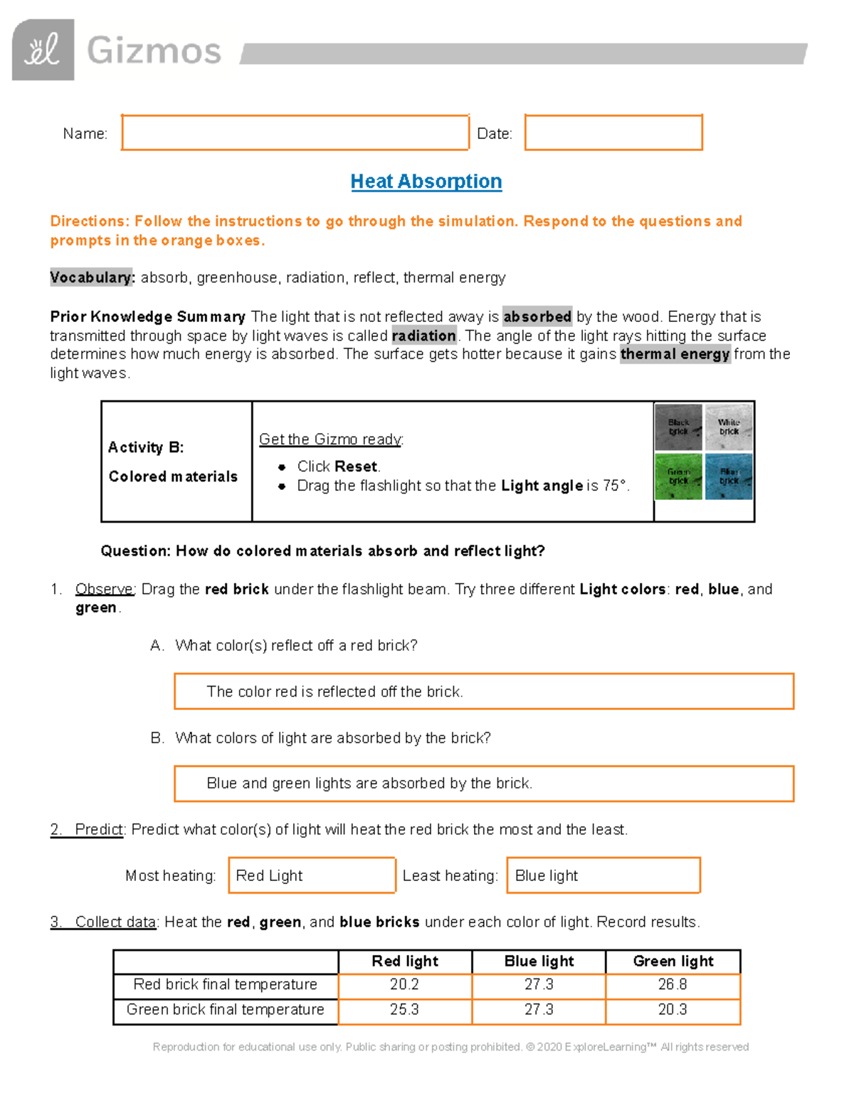 Jadon Lee Gizmos Lab Heat Absorption B and C Name Date Heat