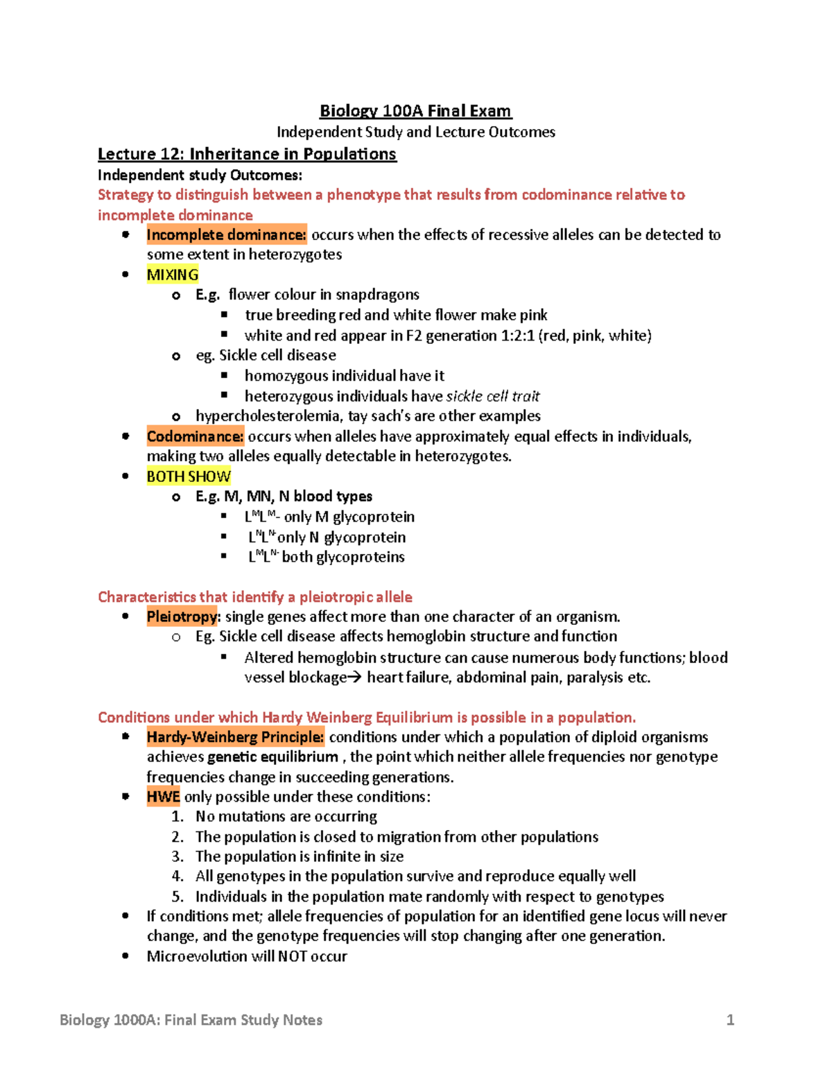 Biology 100A Final Exam Study Notes - Biology 100A Final Exam ...