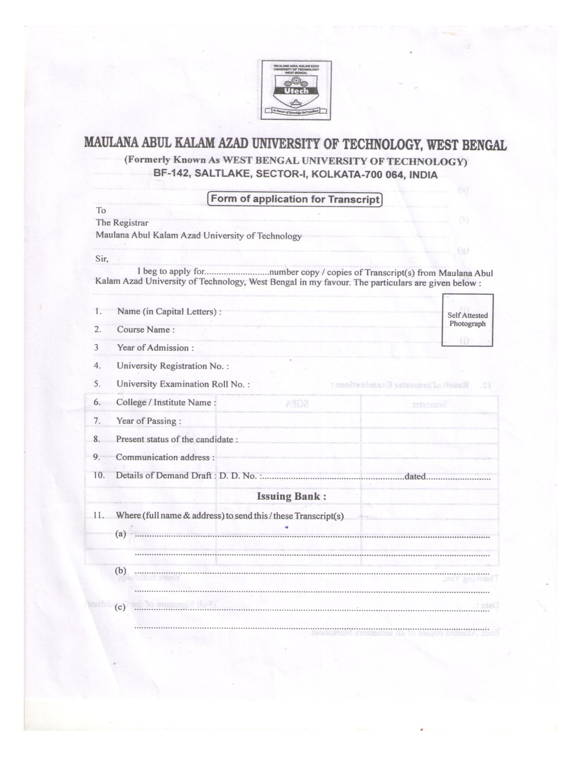 Transcript Application Form - B. Tech In Information Technology - Studocu