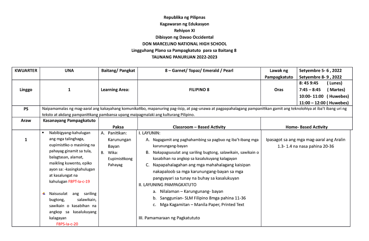 Wlp Week 2 Final - SAMPLE WEEKLY LEARNINGPLAN SA FILIPINO 8 - Republika ...