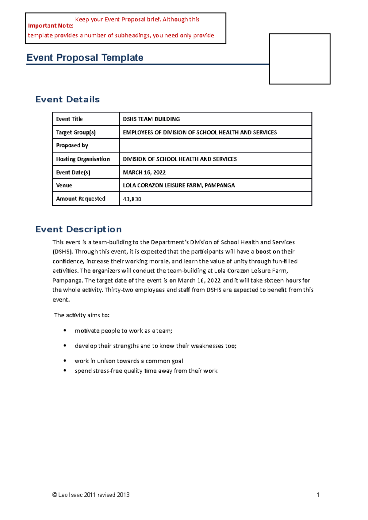 DSHS TEAM Building Events Event Proposal Template Event Details Event