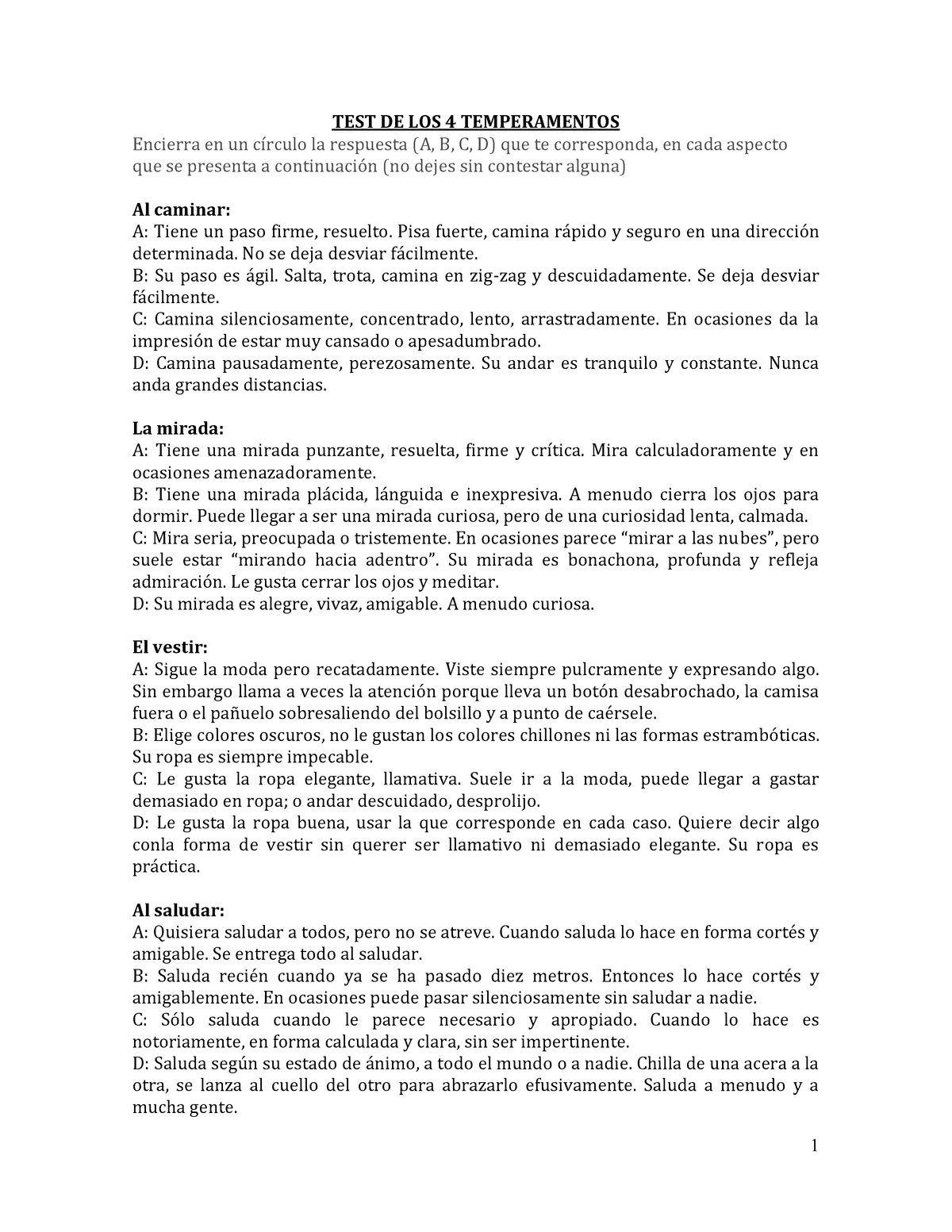 TEST DE LOS 4 Temperamentos - TEST DE LOS 4 TEMPERAMENTOS Encierra En ...