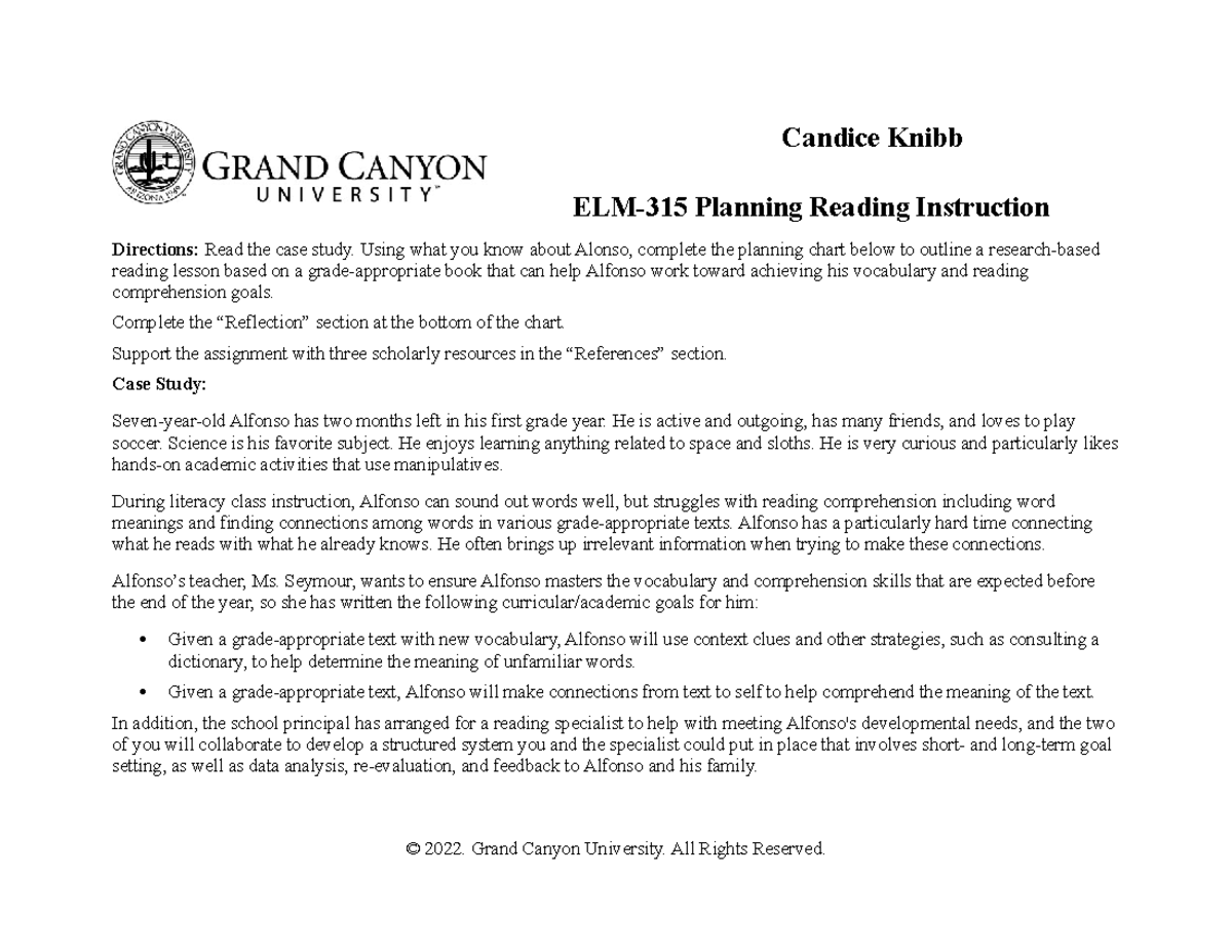 ELM-315 Benchmark - Candice Knibb ELM-315 Planning Reading Instruction ...