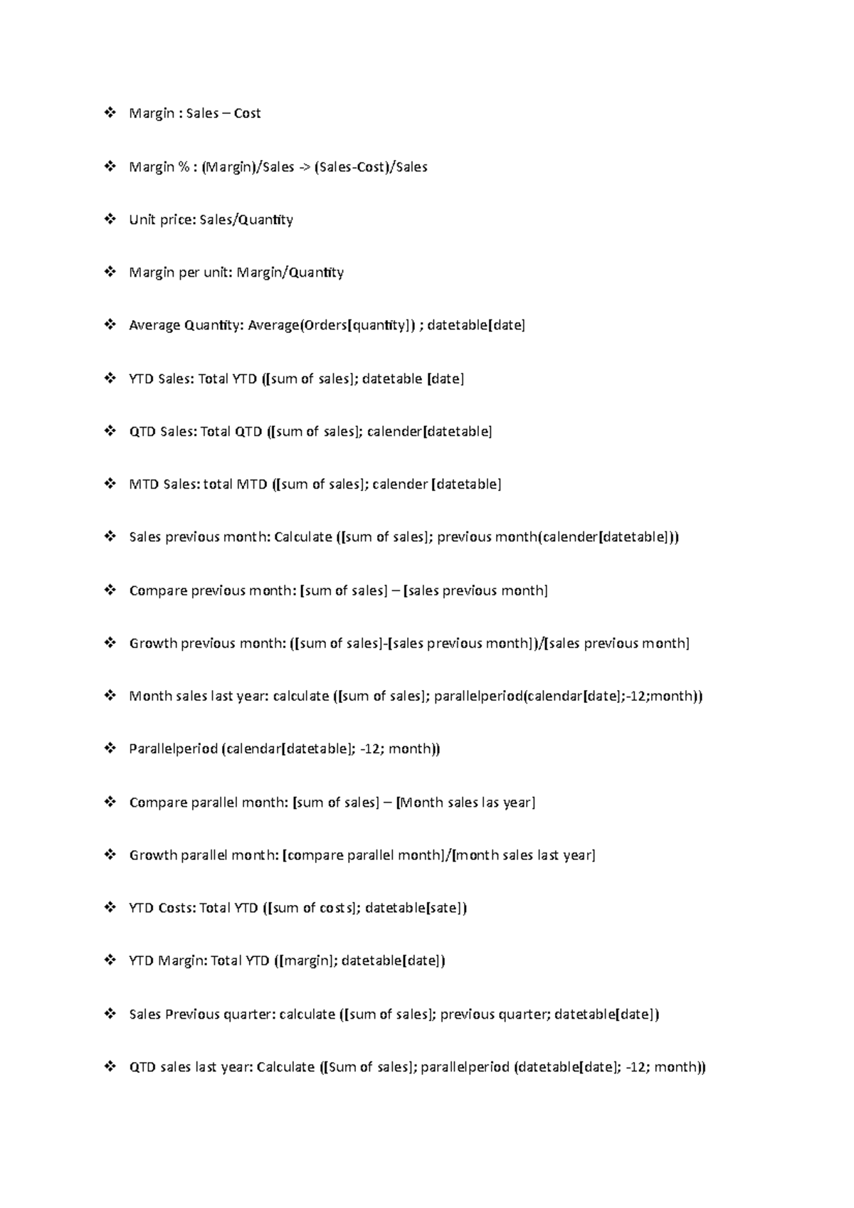 BIF formules - Notities genomen tijdens de les BIF - Margin : Sales ...