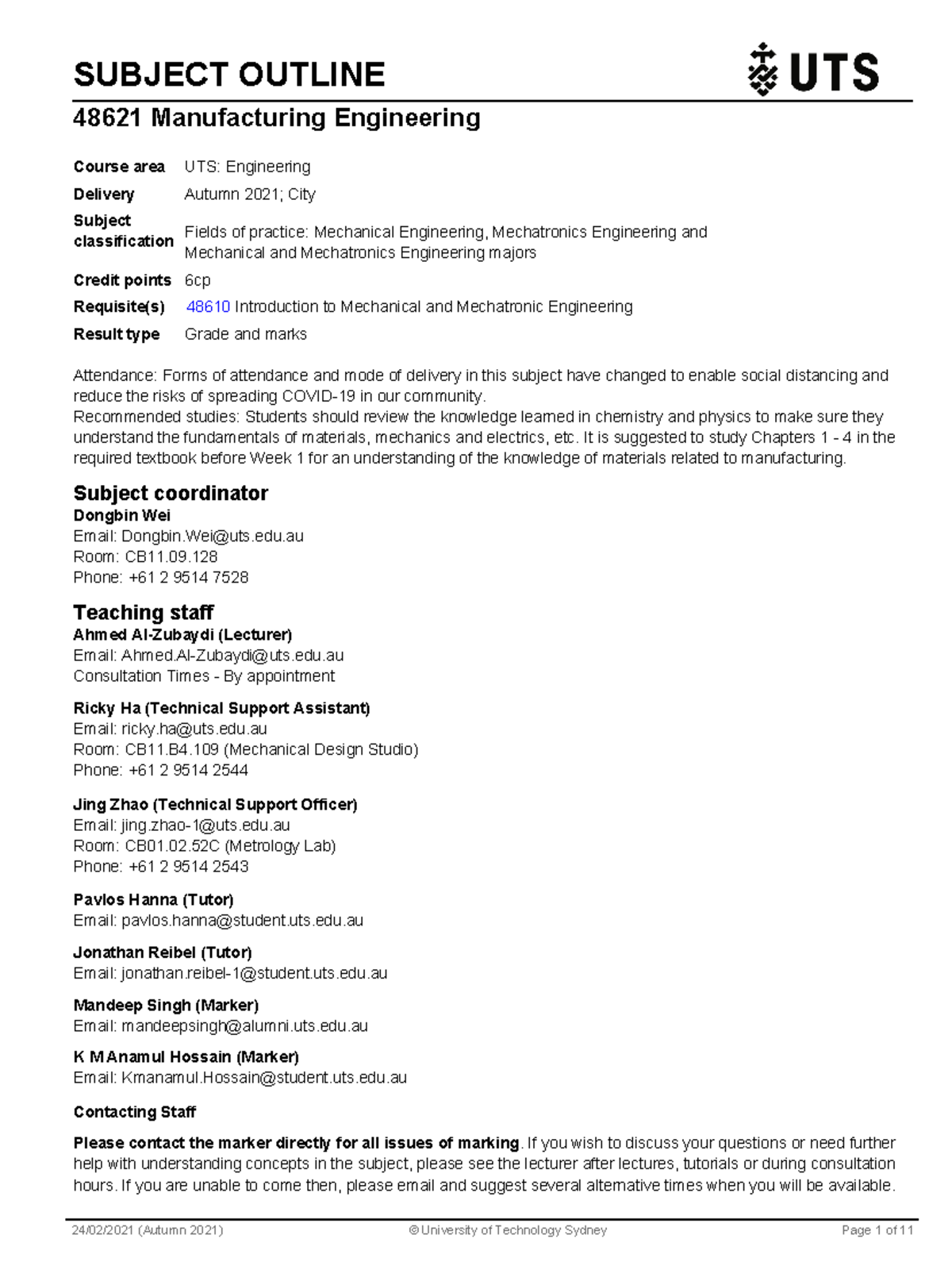 Manufacturing engineering subject outline SUBJECT OUTLINE 48621