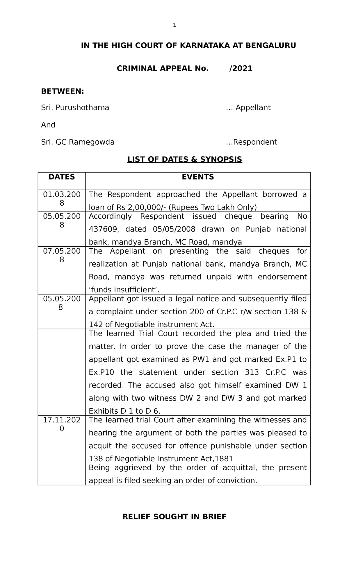 Criminal Appeal for the high court of state - IN THE HIGH COURT OF KARNATAKA  AT BENGALURU CRIMINAL - Studocu