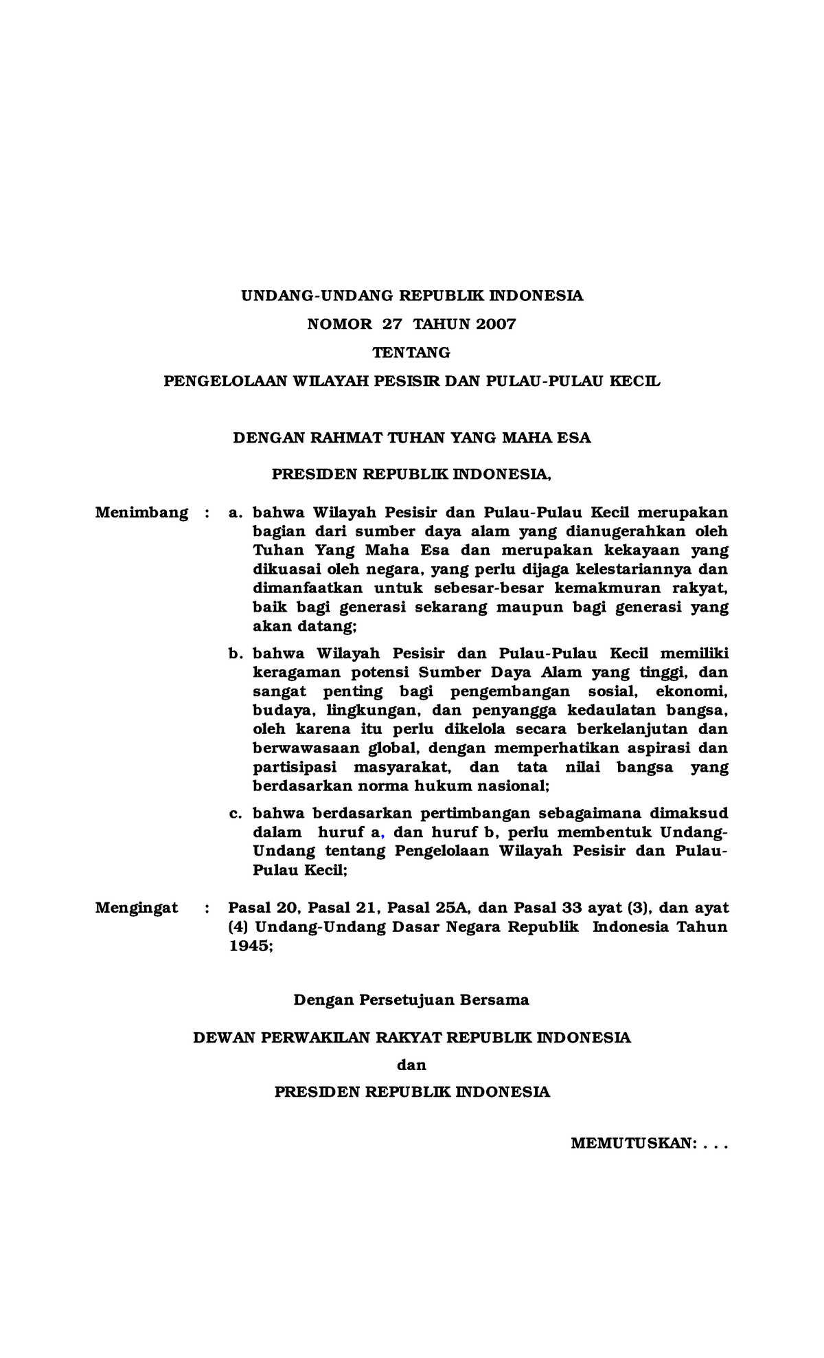 UU Nomor 27 Tahun 2007 - UNDANG-UNDANG REPUBLIK INDONESIA NOMOR 27 ...