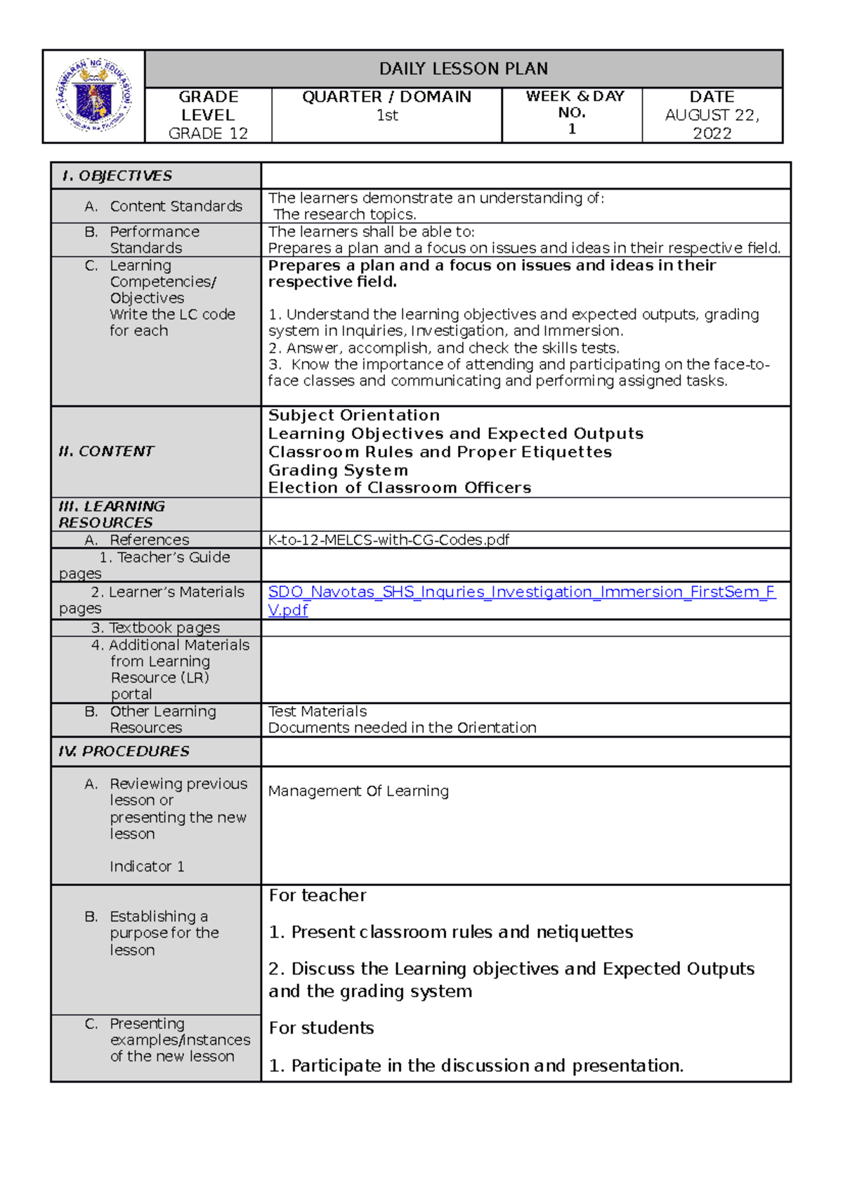 DLP-1 - sample only - DAILY LESSON PLAN GRADE LEVEL GRADE 12 QUARTER ...