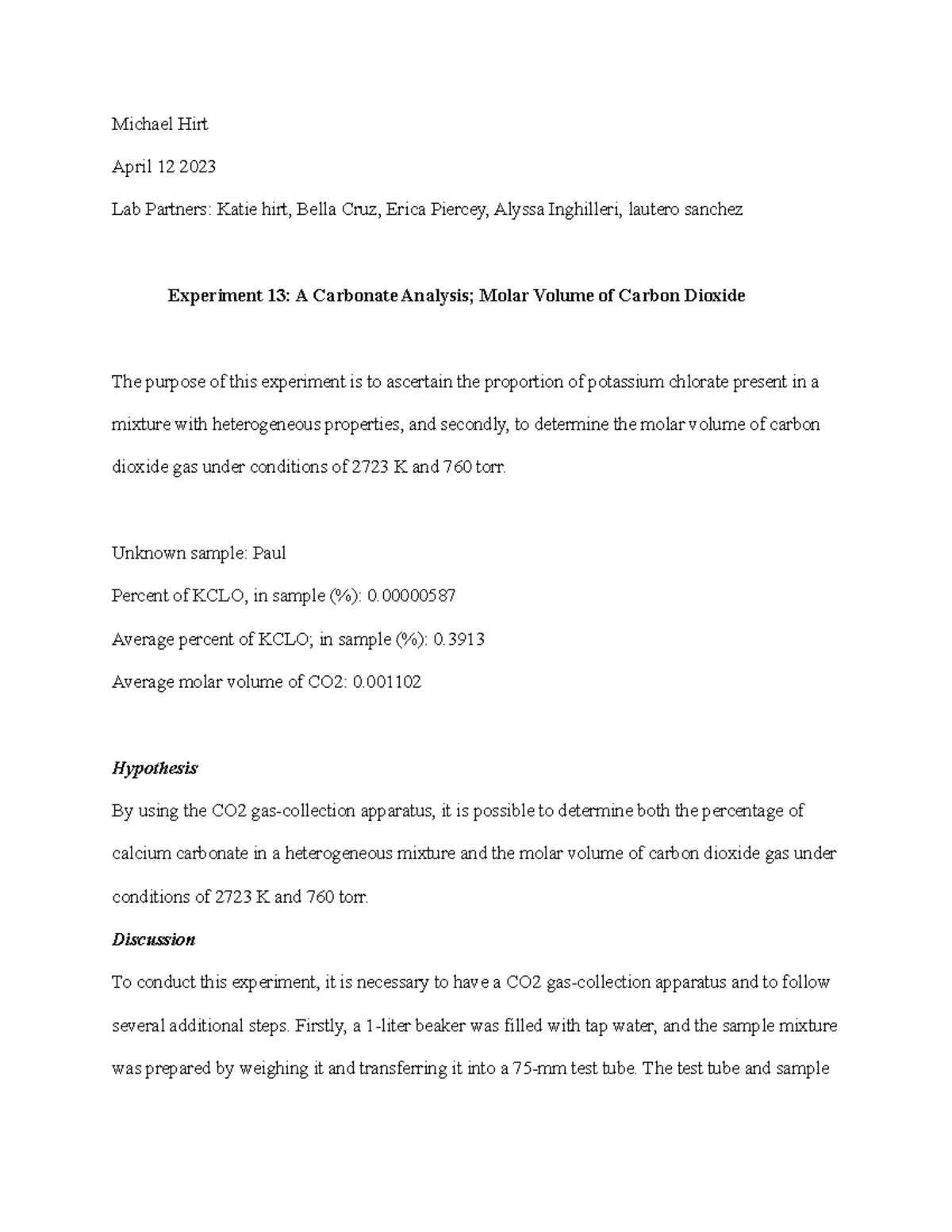 Lab Experiment 13 Michael Hirt April 12 2023 Lab Partners Katie hirt