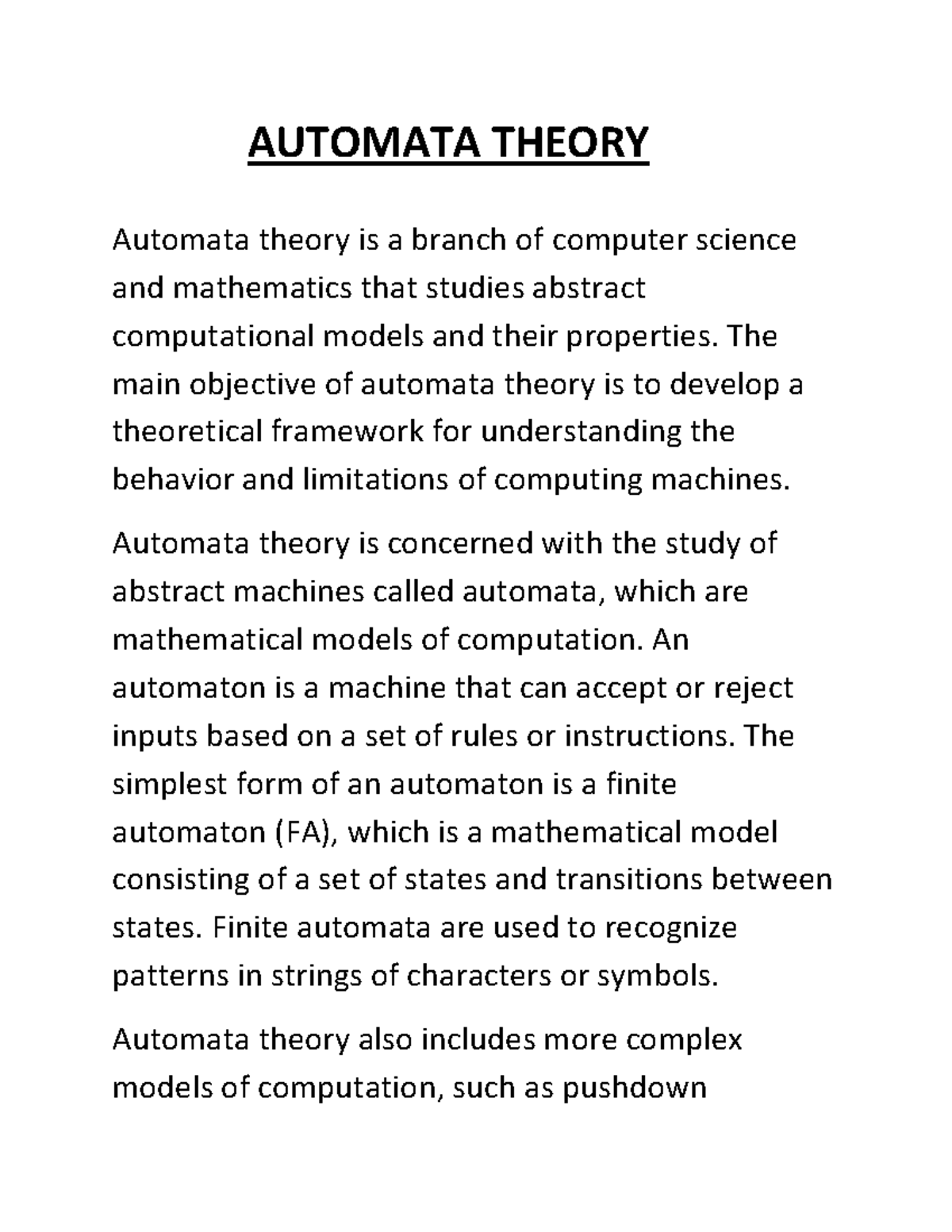 Automata Theory 1 - AUTOMATA THEORY Automata theory is a branch of ...
