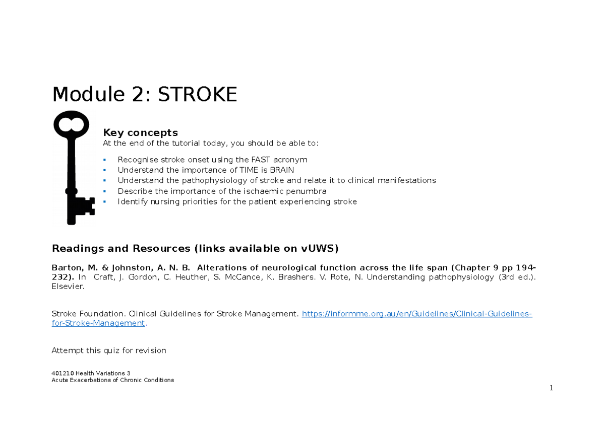 Student 2021 Module 2 Stroke - Module 2: STROKE Key concepts At the end ...