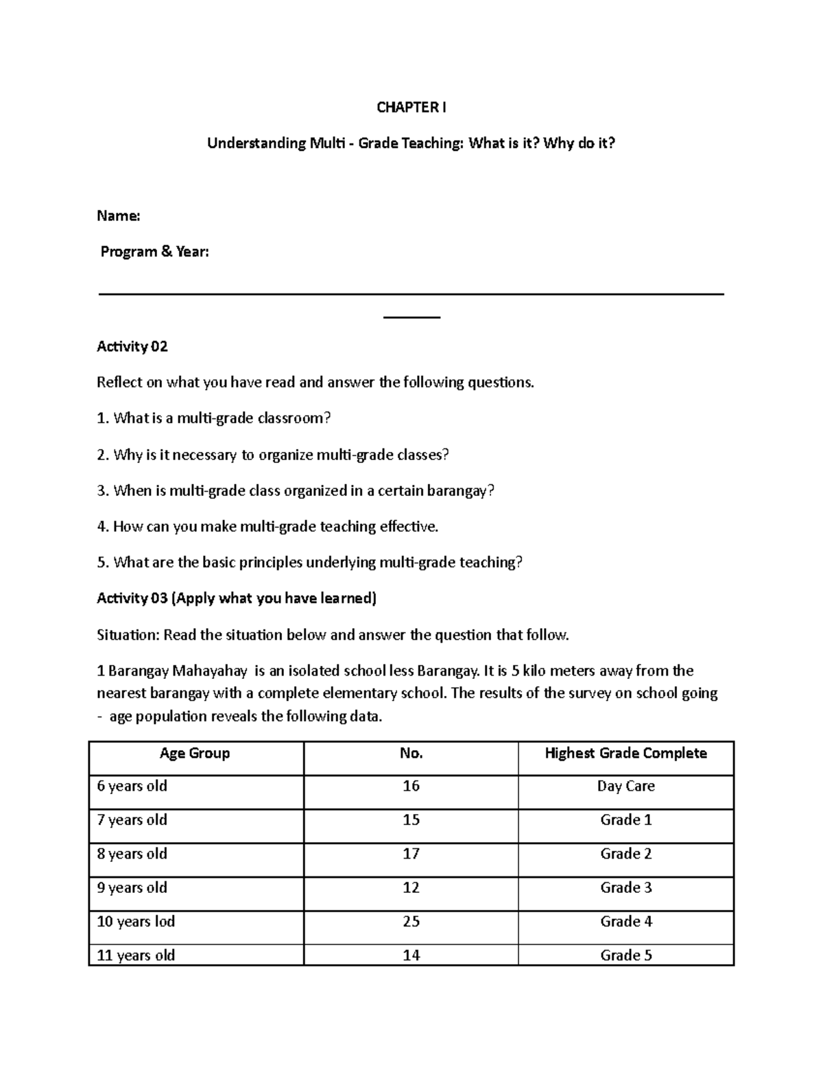 Answer Sheets Chapter 1 Multigrades - CHAPTER I Understanding Multi ...