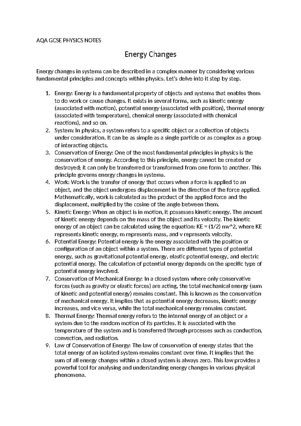 Energy Changes in systems GCSE Physics AQA - AQA GCSE PHYSICS NOTES ...