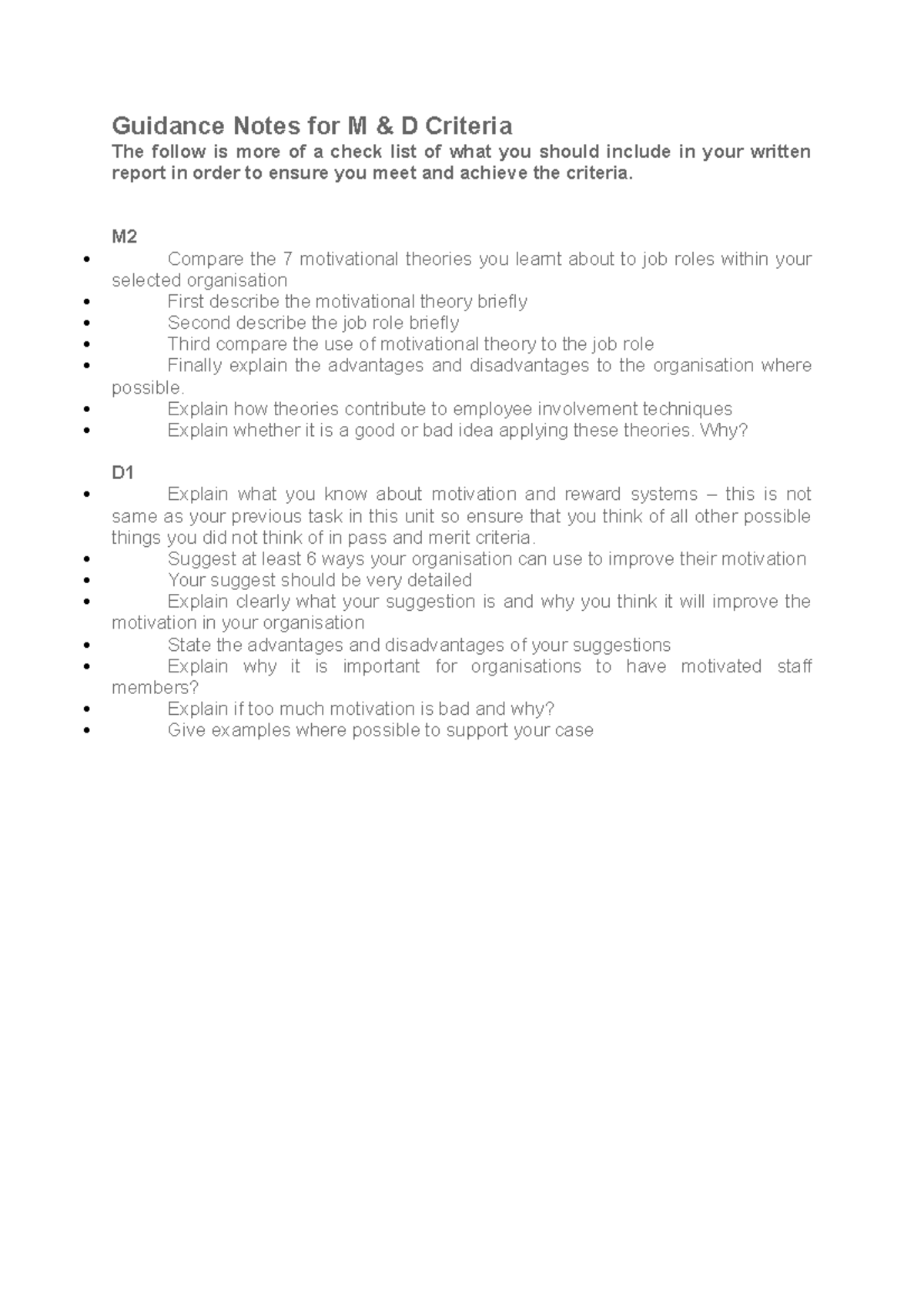 M2 D1 Criteria Guidance Notes Guidance Notes for M & D Criteria The