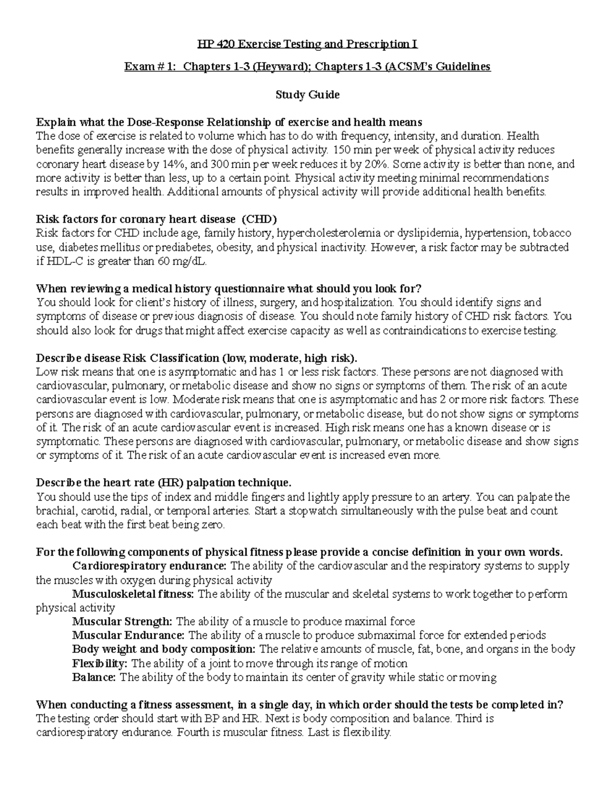Exercise Prescription Exam 1 - Study Guide - HP 420 Exercise Testing ...
