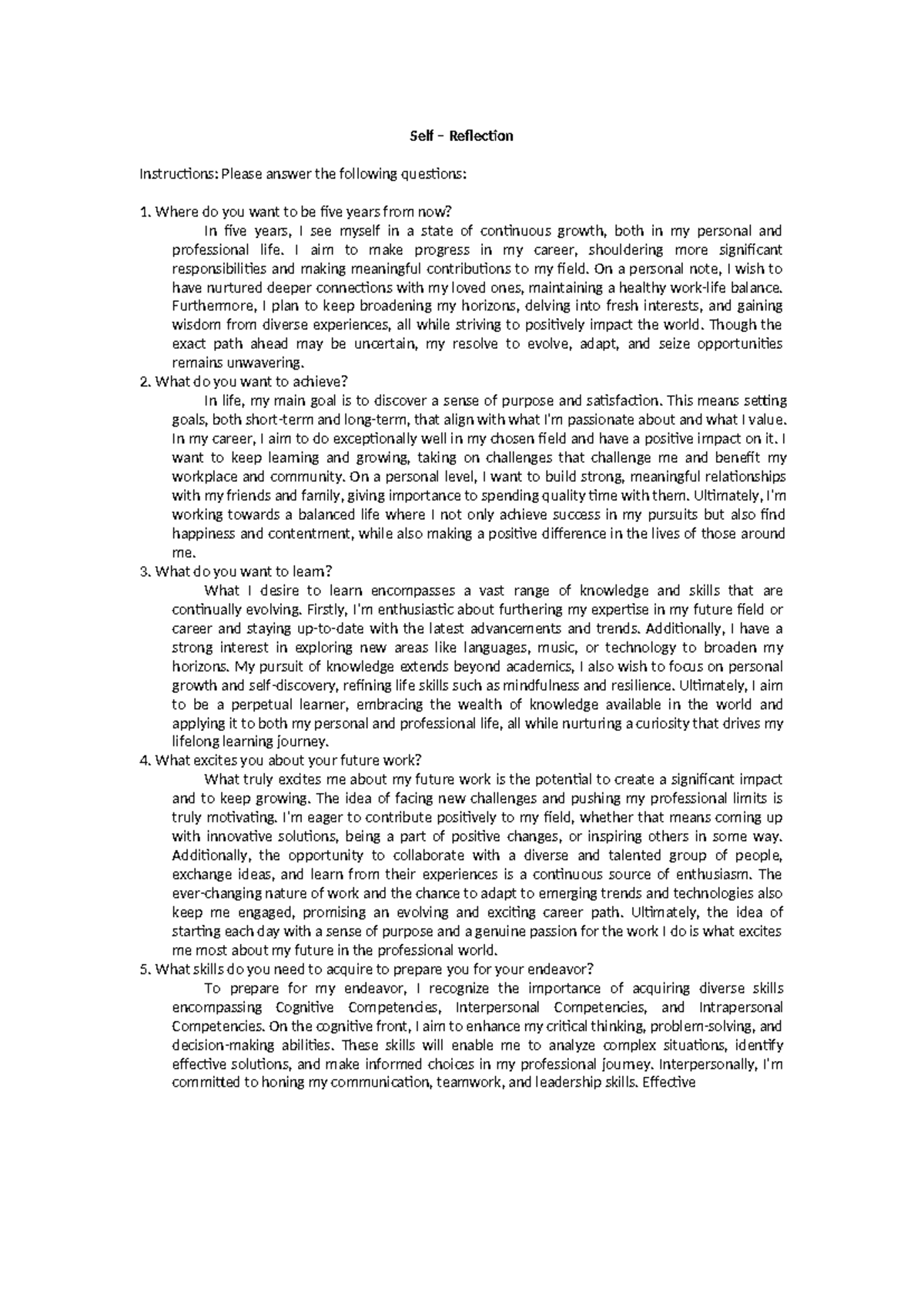 Reflection Self Reflection Instructions Please answer the