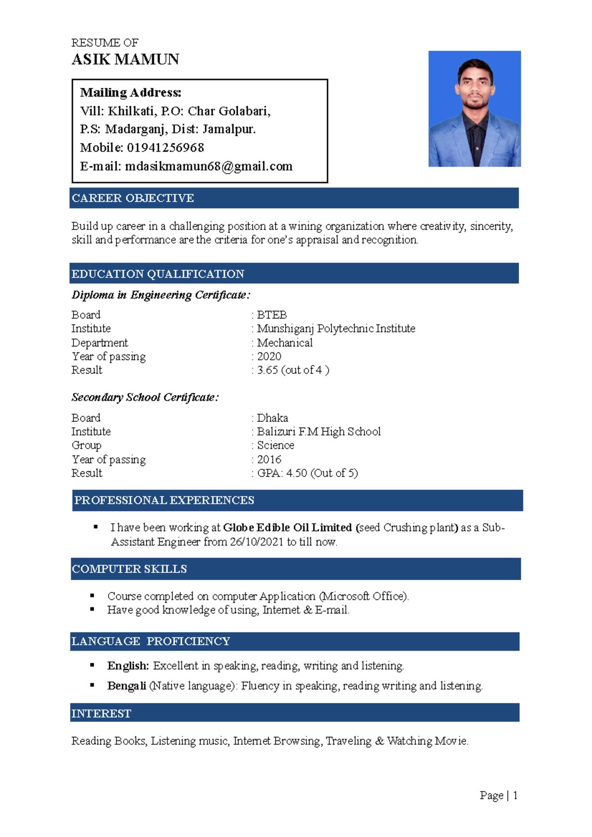 Asik Mamun Cv - Students - RESUME OF ASIK MAMUN CAREER OBJECTIVE Build ...