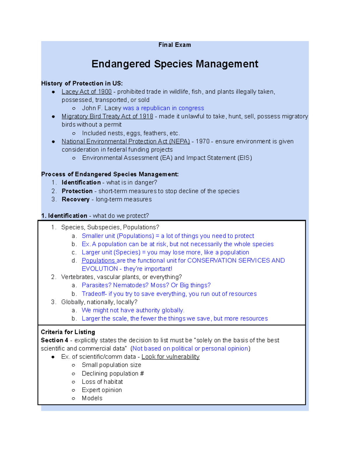 Biol 305 Exam 3 Final notes - Final Exam Endangered Species Management ...