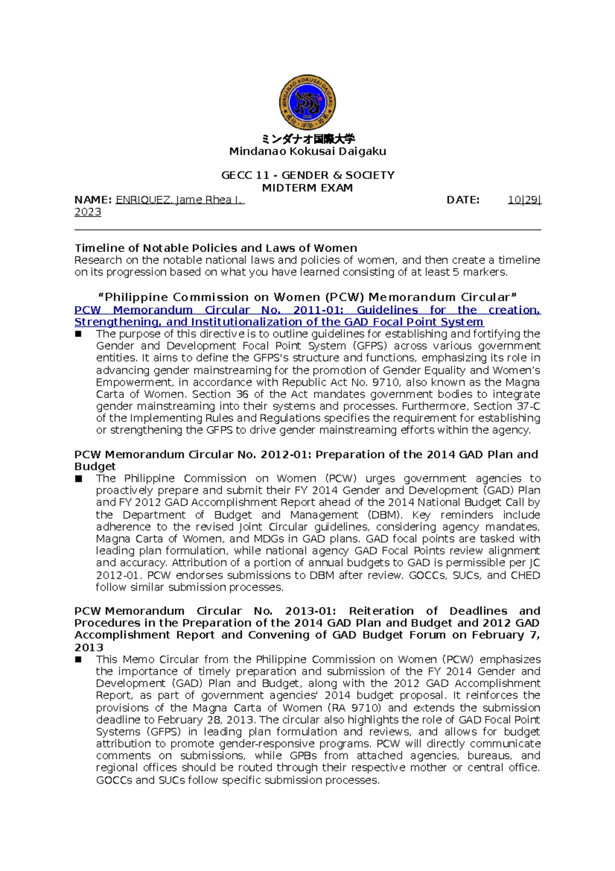 Enriquez Gender AND Society GECC11 Midterm EXAM - ミンダナオ国際大学 Mindanao ...