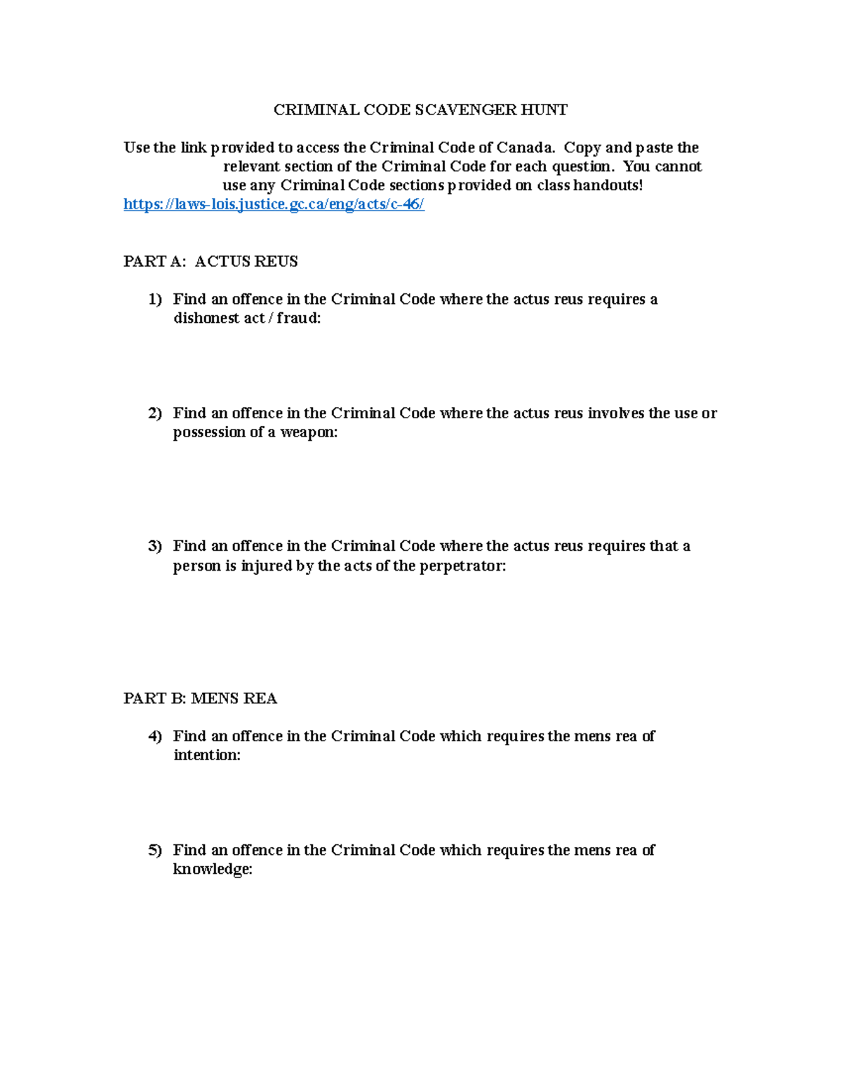 Criminal Code Work CRIMINAL CODE SCAVENGER HUNT Use the link provided