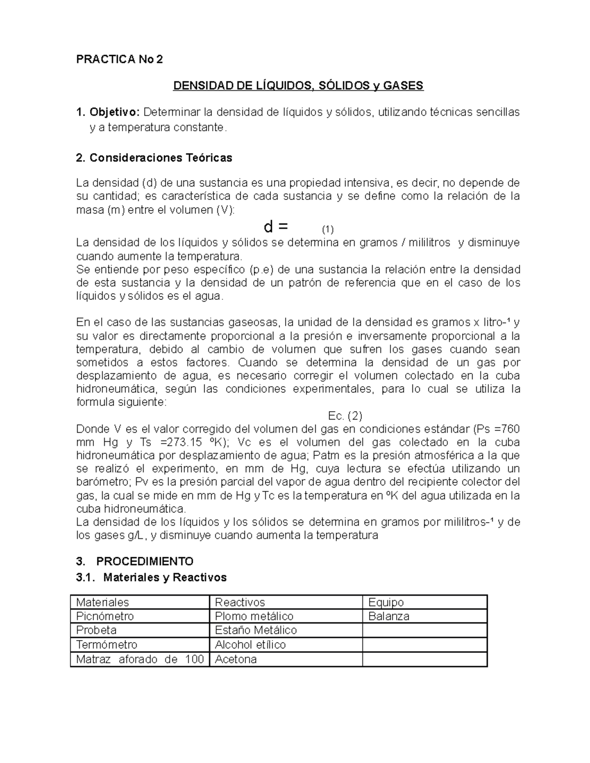 Practica N°2 Densidades - PRACTICA No 2 DENSIDAD DE LÍQUIDOS, SÓLIDOS Y ...