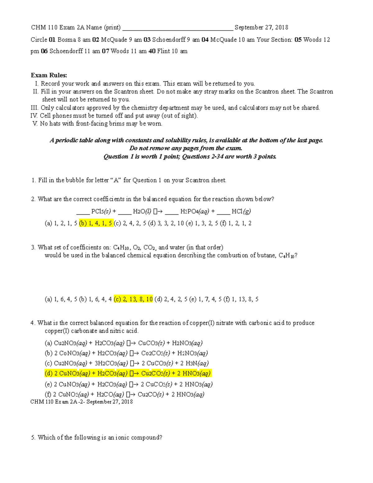CHM 110 Exam 2 Fall 2018-2019 - CHM 110 Exam 2A Name (print