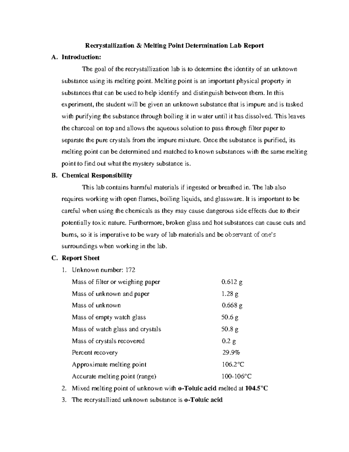 Recrystallization And Melting Point Determination Lab Report Introduction The Goal Of The 